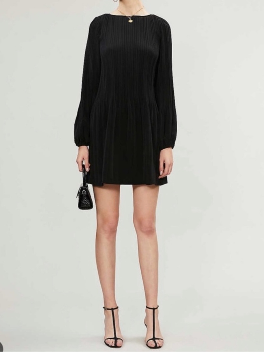 Maje Black Pleated Long-Sleeve Mini Dress